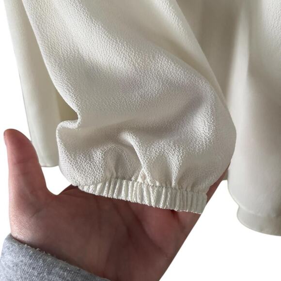 Cream Ruffle Tie Blouse - Flowy Long Sleeve, Lightweight, Elegant Boho Style - Picture 4 of 7